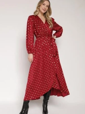 Bordowa Kopertowa Sukienka z Wiązaniem w Pasie i Metalicznym Nadrukiem Reisana