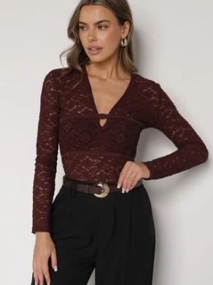 Bordowa Koronkowa Bluzka z Długim Rękawem i Dekoltem w Serek Senafera