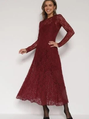 Bordowa Koronkowa Sukienka Taliowana z Odkrytymi Plecami Talifera