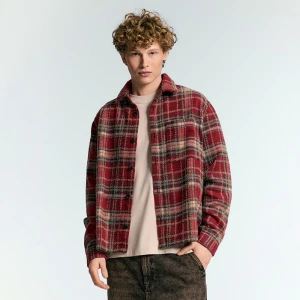 Bordowa koszula z długim rękawem w beżową kratę House