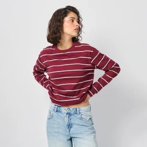 Bordowa koszulka basic loose fit w paski z długim rękawem House