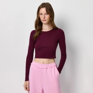 Bordowa krótka koszulka basic z długim rękawem House