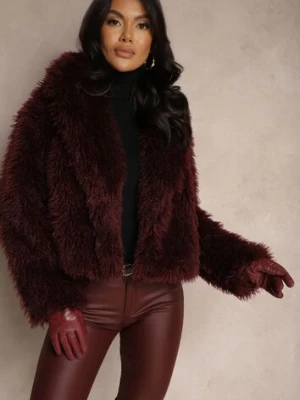 Bordowa Krótka Kurtka Futerko z Szerokim Kołnierzem Areti lovery