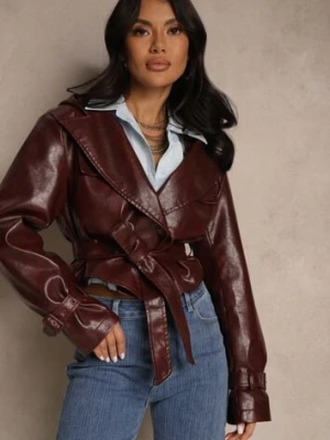 Bordowa Kurtka z Ekoskóry o Krótkim Kroju w Stylu Trencza z Paskiem i Kapturem Nilassiela ann gissy