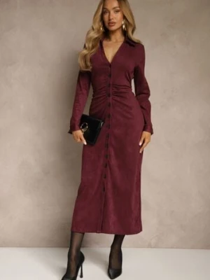Bordowa Marszczona Sukienka z Imitacji Zamszu o Koszulowym Kroju Esora