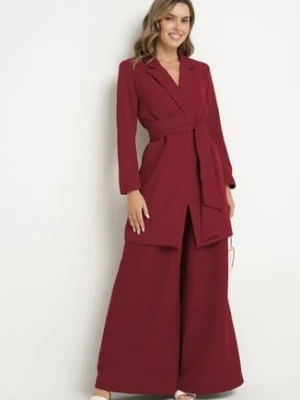 Bordowa Marynarka Sukienkowa z Paskiem i Usztywnionymi Ramionami Etinella tricot station