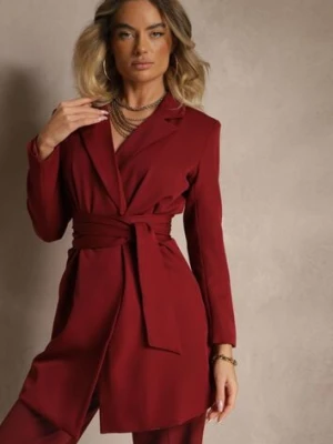 Bordowa Marynarka Sukienkowa z Usztywnioną Linią Ramion Wiązana w Talii Equintina tricot station
