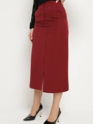 Bordowa Ołówkowa Spódnica z Wiskozą i Wysokim Stanem Ozdobiona Rozcięciem Semariel lovery