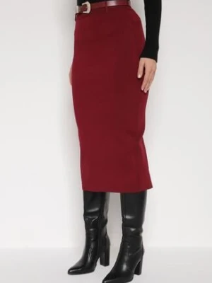 Bordowa Ołówkowa Spódnica z Wiskozą Zdobiona Rozcięciem i Paskiem Rowedela