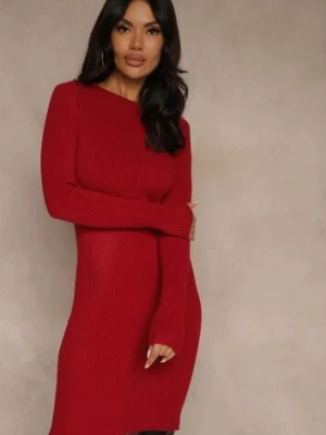 Bordowa Prążkowana Sukienka z Dzianiny z Bawełną o Dopasowanym Kroju Tesoria