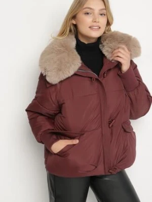 Bordowa Puchowa Kurtka Pikowana z Futrzanym Kołnierzem Lanivela bh forever
