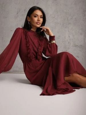 Bordowa Romantyczna Sukienka z Bufiastymi Rękawami i Falbanką z Koronki Sewmira