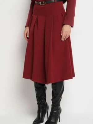 Bordowa Rozkloszowana Spódnica z Wiskozą Ozdobiona Paskiem i Plisami Fidelin lovery