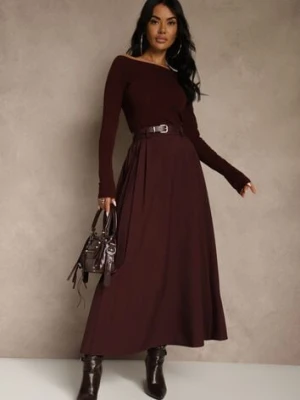 Bordowa Rozkloszowana Spódnica z Wiskozy z Dodatkowym Paskiem z Klamrą Lowedina