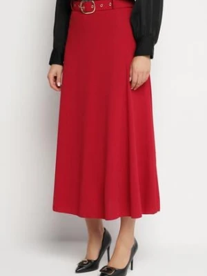 Bordowa Rozkloszowana Spódnica z Wysokim Stanem Ozdobiona Paskiem z Klamrą Lobir fashion station