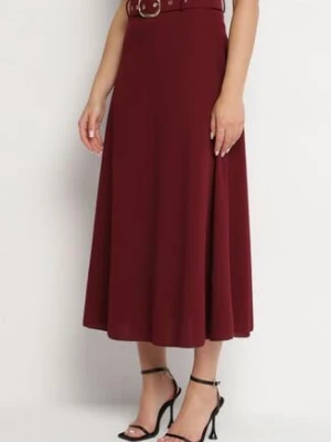 Bordowa Rozkloszowana Spódnica z Wysokim Stanem Ozdobiona Paskiem z Klamrą Lobira fashion station