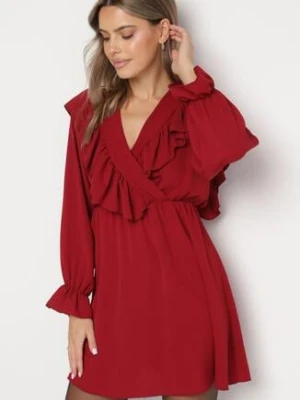 Bordowa Rozkloszowana Sukienka o Kopertowym Kroju z Falbankami Celonara new collection