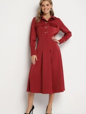 Bordowa Rozkloszowana Sukienka o Koszulowym Kroju z Imitacją Kieszeni i Gumką w Talii Rizza unigirl