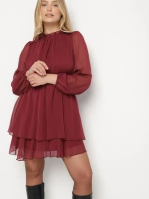 Bordowa Rozkloszowana Sukienka Siateczkowa z Bufiastymi Rękawami Isovana bisou's project
