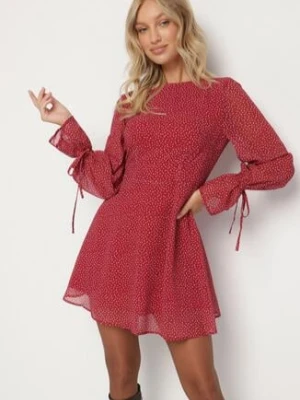 Bordowa Rozkloszowana Sukienka Vices z Bufiastymi Rękawami w Kropki Eriane