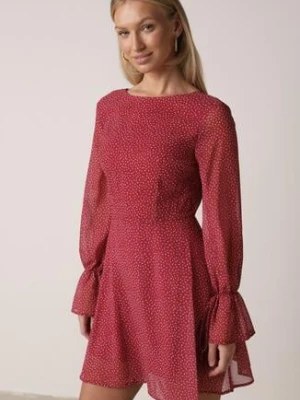 Bordowa Rozkloszowana Sukienka Vices z Bufiastymi Rękawami w Kropki Eriane