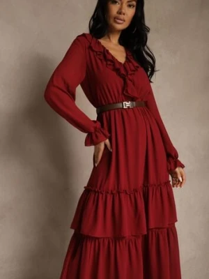 Bordowa Rozkloszowana Sukienka VICES z Falbanami i Transparentnymi Rękawami Aruvite