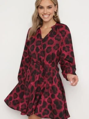 Bordowa Rozkloszowana Sukienka w Panterkę z Guzikami i Wiązaniem w Talii Morila lovery