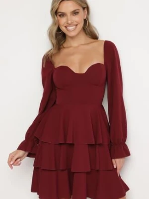 Bordowa Rozkloszowana Sukienka z Falbankami i Bufiastymi Rękawami Semithara fashion