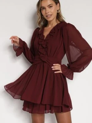 Bordowa Rozkloszowana Sukienka z Falbankami i Siateczkowymi Rękawami Zennisa