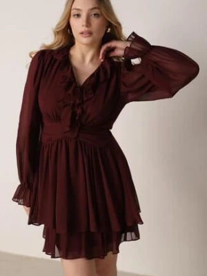 Bordowa Rozkloszowana Sukienka z Falbankami i Siateczkowymi Rękawami Zennisa Retro & Icone