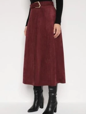Bordowa Rozkloszowana Wiskozowa Spódnica z Bawełną Ozdobiona Paskiem Nawedea