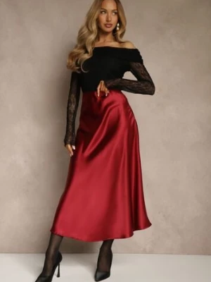 Bordowa Satynowa Midi Spódnica Rozkloszowana z Gumką w Pasie i Suwakiem Leose