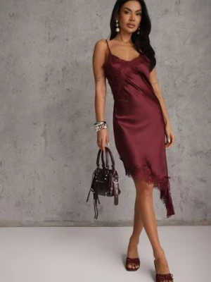 Bordowa Satynowa Sukienka Asymetryczna z Koronką Monoria elsa.m by may