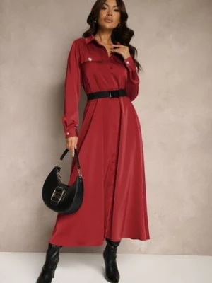 Bordowa Satynowa Sukienka w Stylu Szmizjerki z Imitacjami Kieszeni i Paskiem Vaminay unigirl