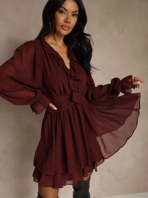 Bordowa Siateczkowa Sukienka o Rozkloszowanym Fasonie z Falbankami Zenniria