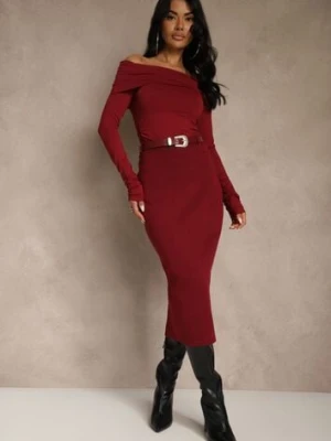 Bordowa Spódnica o Ołówkowym Kroju z Wiskozą z Paskiem i Rozcięciem Saweda