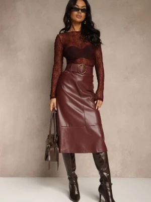 Bordowa Spódnica o Trapezowym Kroju z Imitacji Skóry z Szerokim Paskiem Saliavesa bibous project