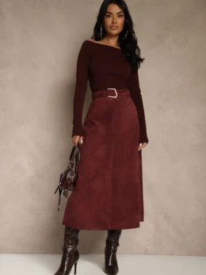 Bordowa Spódnica z Wiskozy z Bawełną z Imitacji Zamszu z Paskiem Oliweda