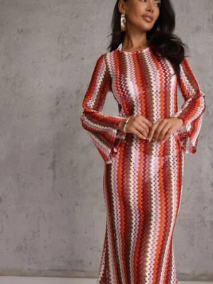 Bordowa Sukienka Dopasowana w Stylu Boho z Plecionego Materiału w Paski Nasehle jumelle