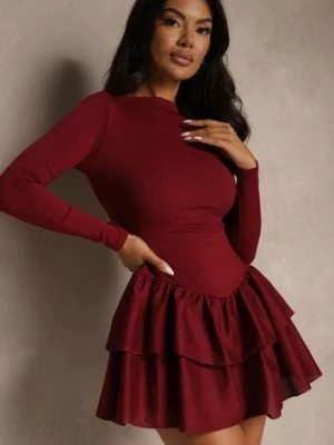 Bordowa Sukienka Longsleeve o Rozkloszowanym Kroju z Falbanką Reline new fashion