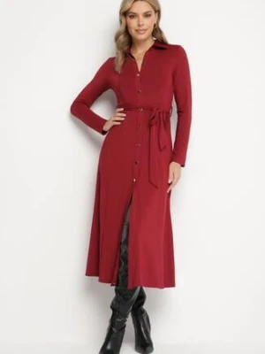 Bordowa Sukienka Maxi o Koszulowym Fasonie z Wiązaniem mZynlee by swan