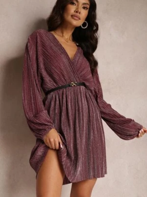 Bordowa Sukienka Metaliczna Plisowana z Paskiem Fonelle by swan