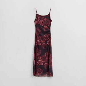 Bordowa sukienka midi w kwiaty z koronką House