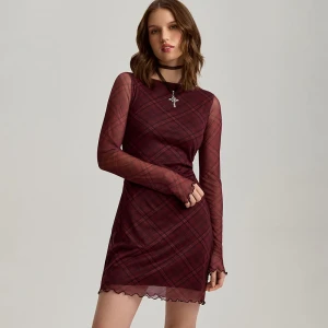 Bordowa sukienka mini w kratkę House