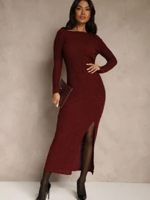 Bordowa Sukienka o Dopasowanym Kroju Ozdobiona Metaliczną Aplikacją Reittia