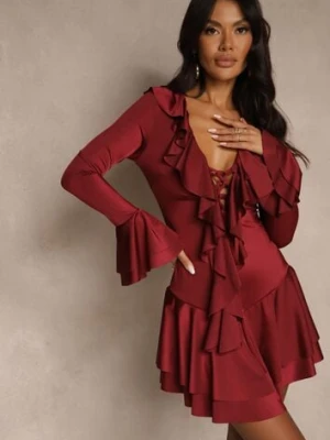 Bordowa Sukienka o Taliowanym Kroju z Falbanami Tiseania allyson