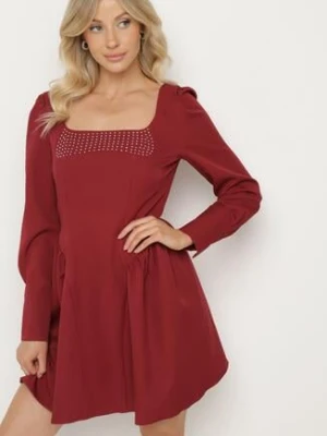 Bordowa Sukienka Rozkloszowana z Kwadratowym Dekoltem Enarel allyson