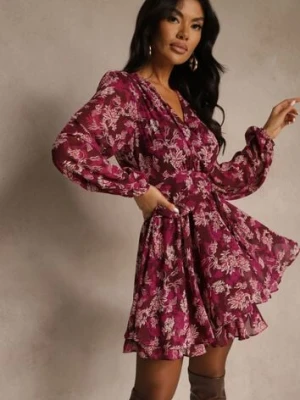 Bordowa Sukienka w Kwiatki o Rozkloszowanym Kroju z Bufiastymi Rękawami Zennea retro & icone