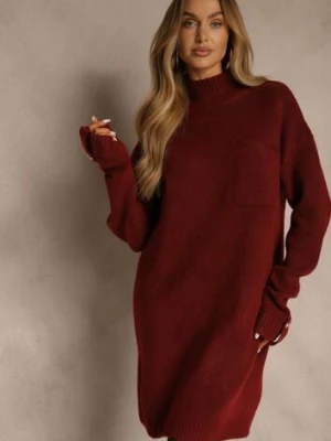 Bordowa Sukienka z Półgolfem z Dzianiny z Wiskozą i Dodatkiem Wełny Nessla