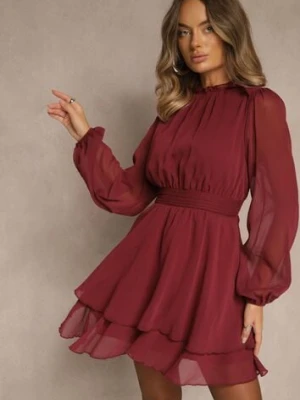 Bordowa Sukienka z Siateczki o Rozkloszowanym Kroju z Bufiastymi Rękawami Aziva bisou's project